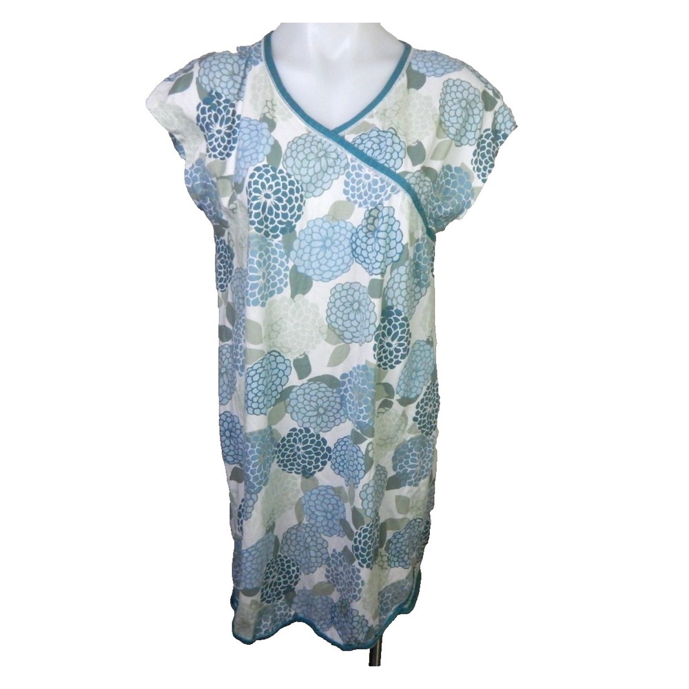 Garnet Hill Women's Large Nightgown Asian Wrap Blue Green Floral Short Sleeve